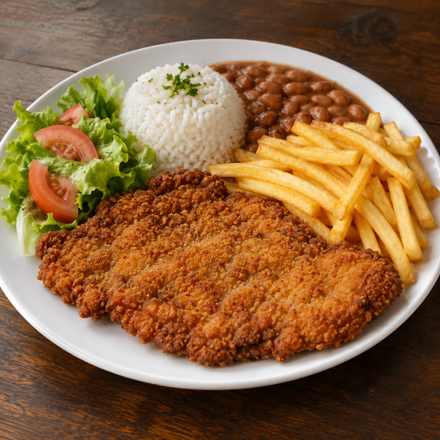 Bife à milanesa com acompanhamentos