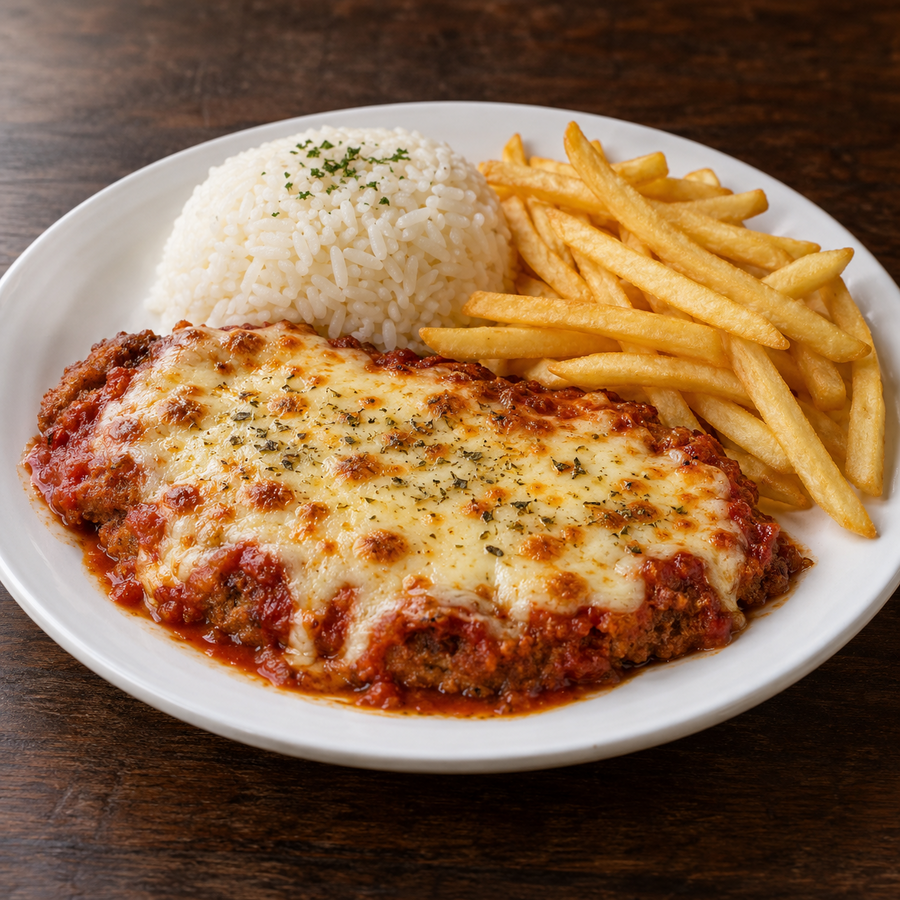 Bife à parmegiana com acompanhamentos