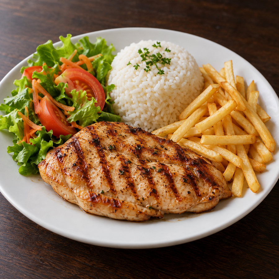 Filé de frango grelhado com acompanhamentos