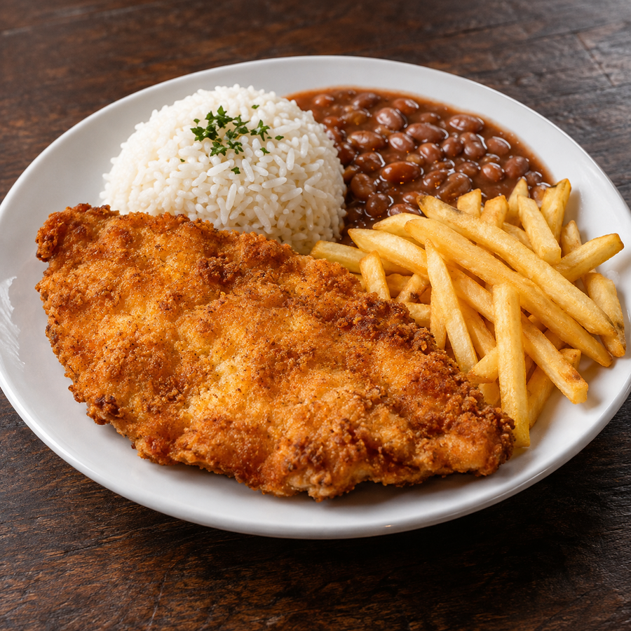 Filé de frango à milanesa com acompanhamentos