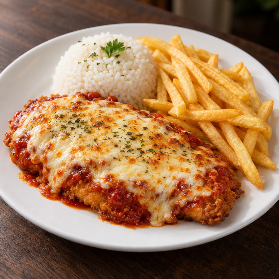 Filé de frango à parmegiana com acompanhamentos