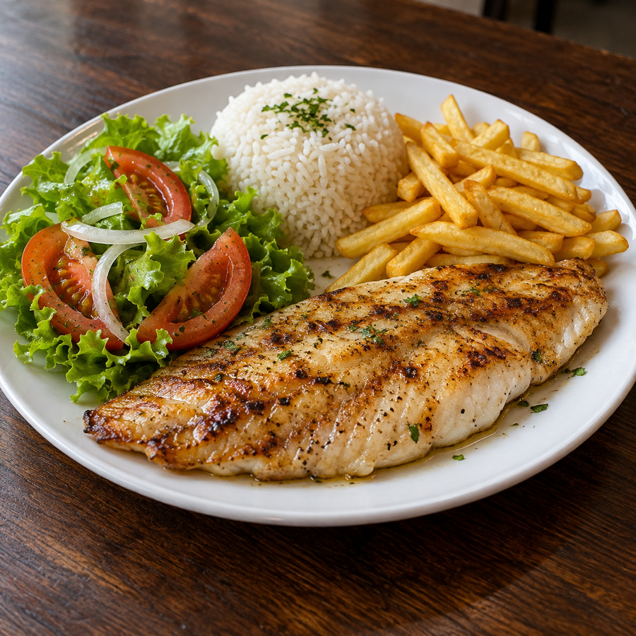 Filé de peixe com acompanhamentos