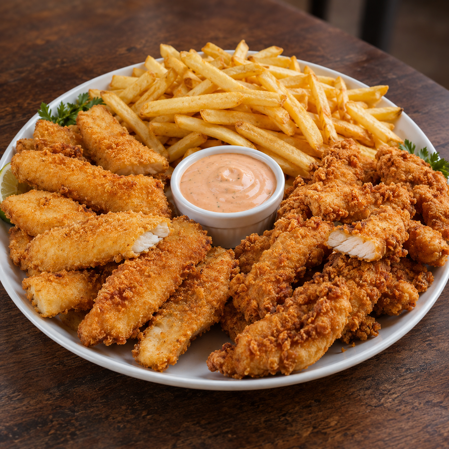 Gurjão misto de peixe e frango com fritas